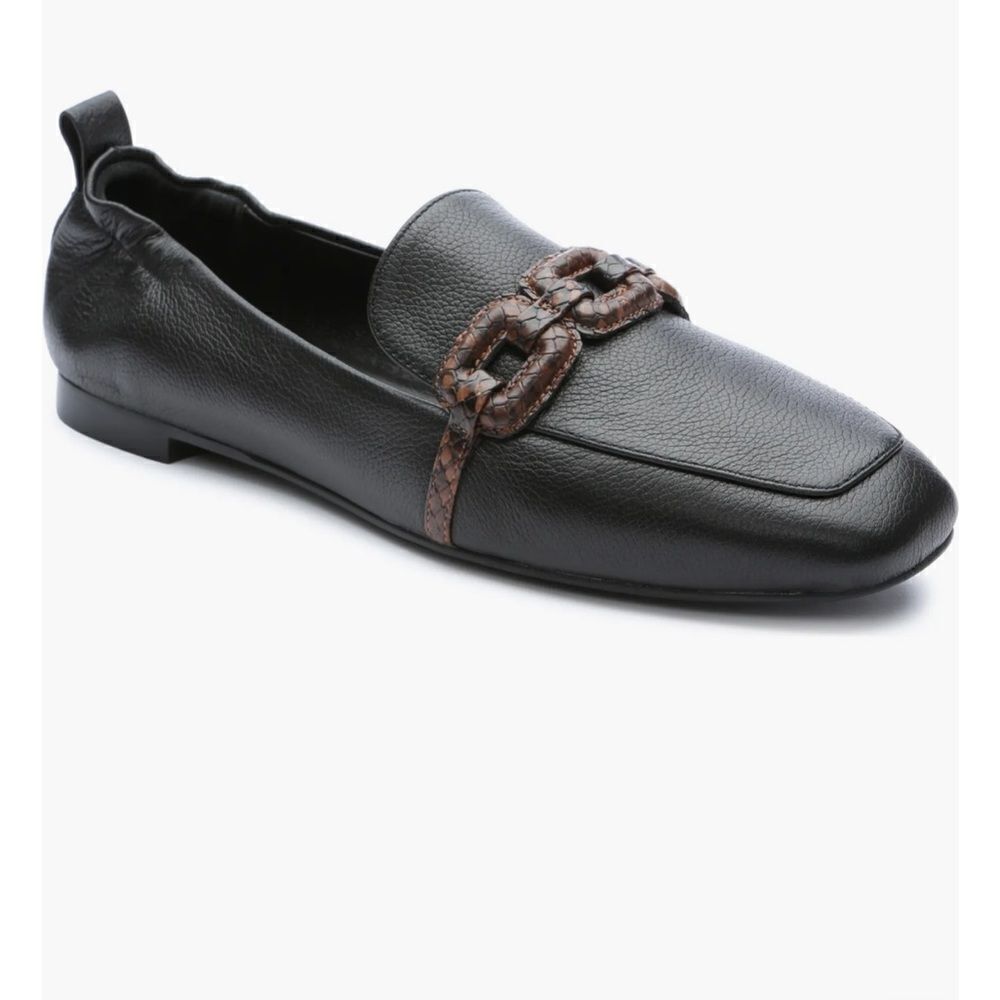 Sanctuary Blast Chain Leather Loafer Flats Sz 6 Black Pebble Brown Snakeskin